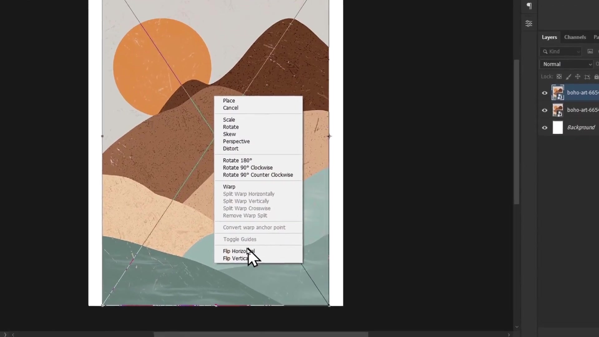 Photoshop context menu over duplicated artwork layer (bounding box with guides): cursor on 'Flip Horizontal'; options include Scale/Rotate/Skew/Distort/Warp; Layers panel with two 'boho-art-665' layers and Background; boho landscape visible.