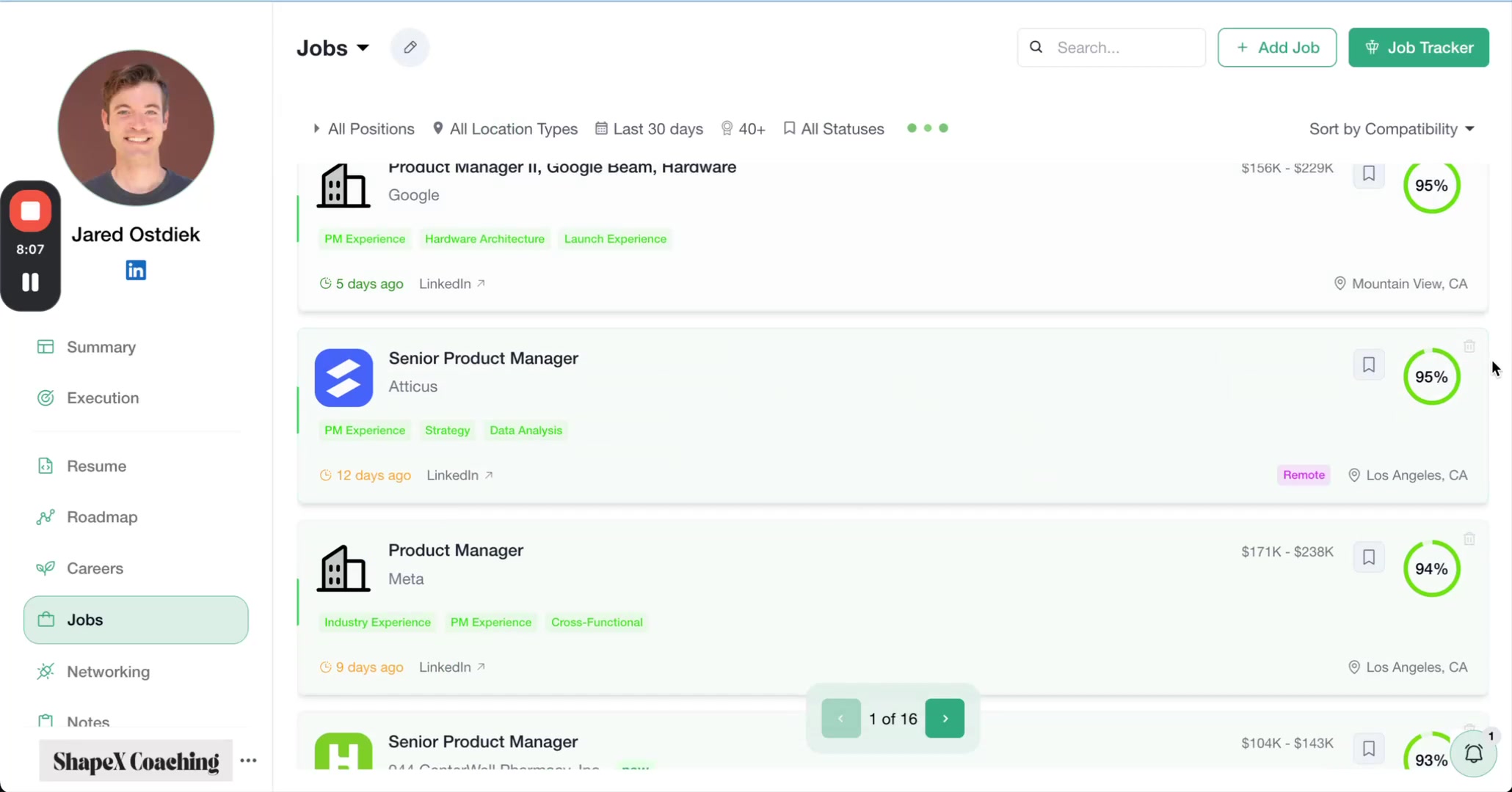 The user clicks the archive icon for a specific job listing ('Senior Product Manager' at Atticus), and a 'Removing job...' message appears briefly.