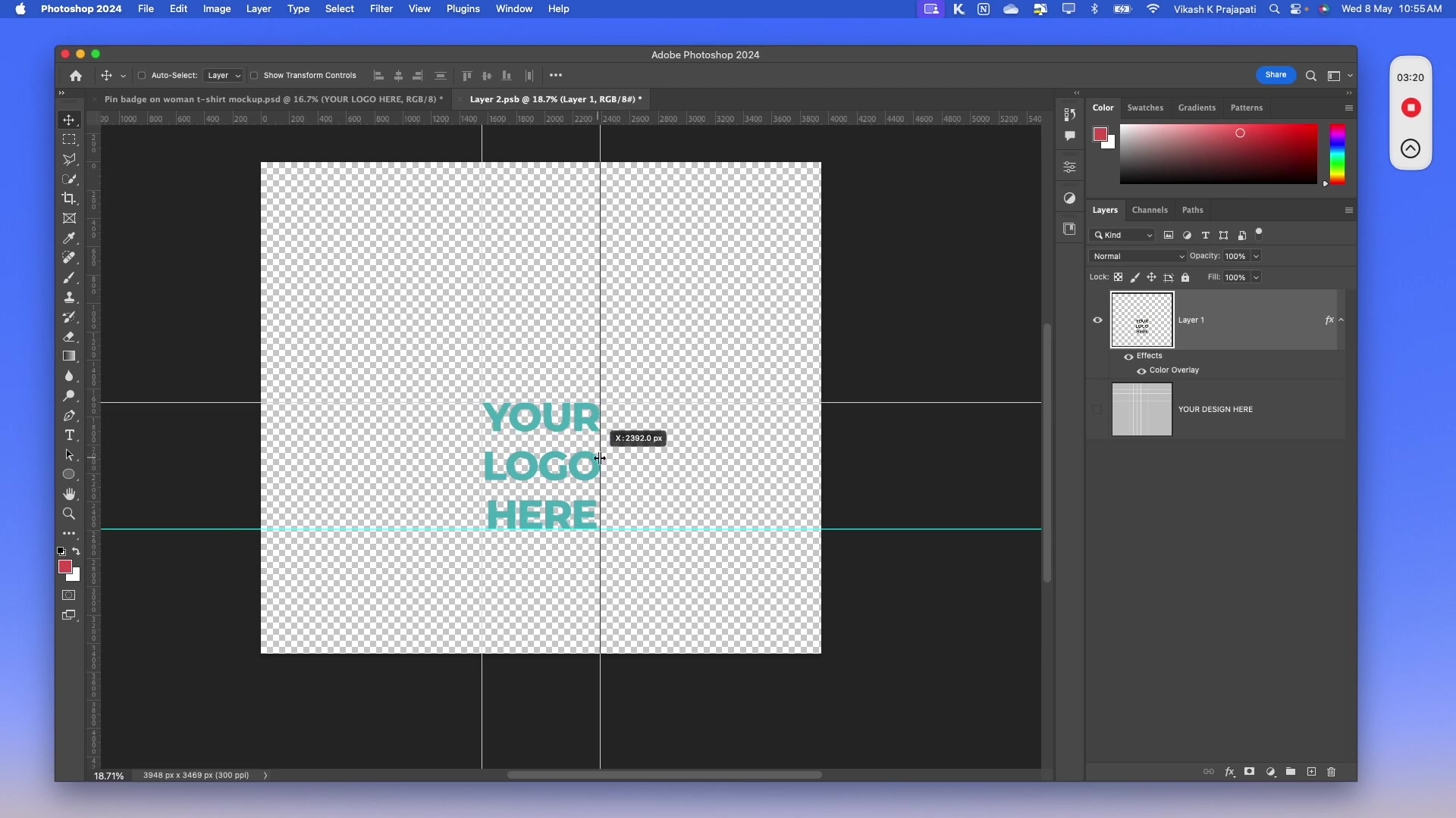 Four guides are placed, forming a box around the desired logo area within the Smart Object content in Photoshop.