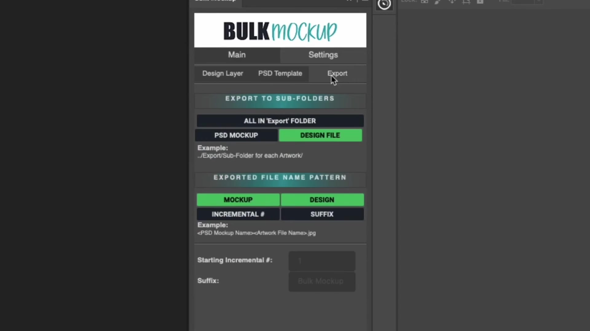 Bulk Mockup Photoshop Plugin Settings tab on Export sub-tab with Export to Sub-folders options and Exported File Name Pattern settings
