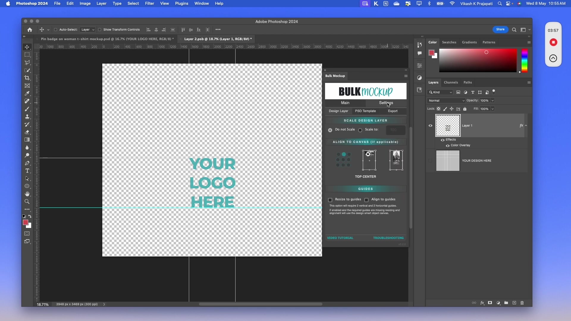 The 'Bulk Mockup' plugin's 'Design Layer' settings, showing 'Resize to guides' and 'Align to guides' checkboxes selected.