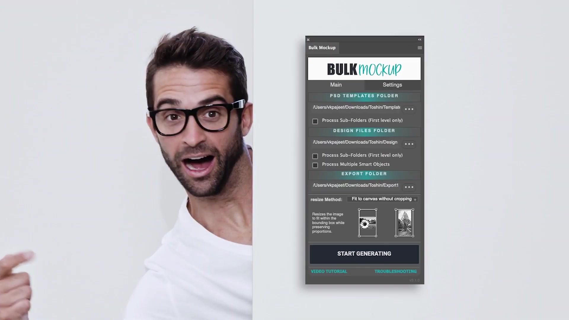 Bulk Mockup v3.1.0 plugin panel in Photoshop: Catalog section for PSD Templates/Design Files/Export Folders (sub-folders/multiple Smart Objects checkboxes); Export section with 'Fit to canvas without cropping' dropdown and examples; 'Start Generating' button; Video Tutorial/Troubleshooting links.