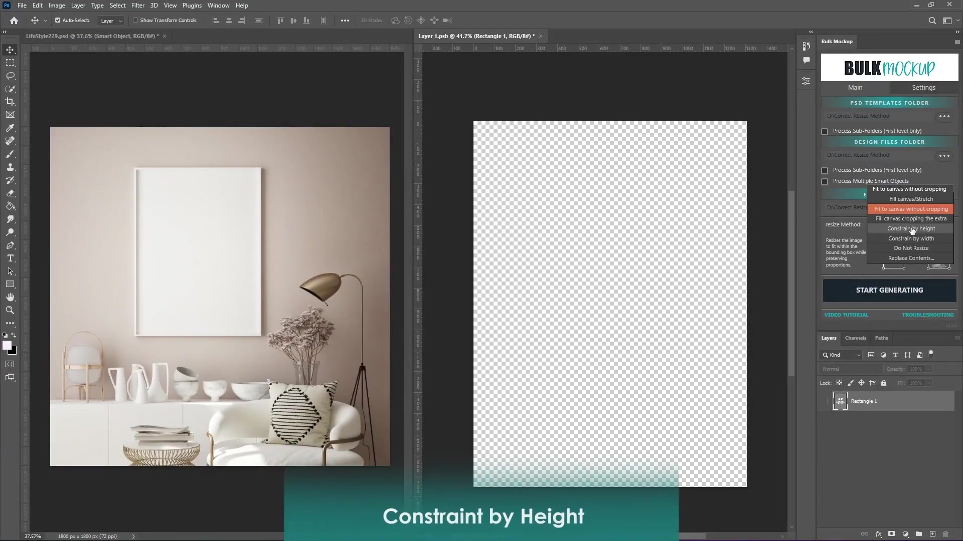 Photoshop split: Left minimalist living room mockup with white frame on beige wall, sofa, lamp; right Bulk Mockup panel with Constrain by Height dropdown highlighted, settings, layer/channels panels visible.