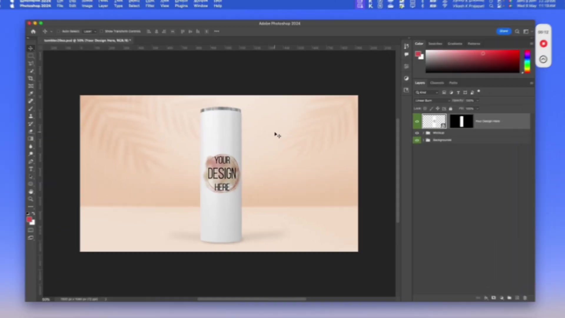 Photoshop interface showing a white tumbler mockup with a 'YOUR DESIGN HERE' logo. The Timeline panel is visible, showing animation controls.