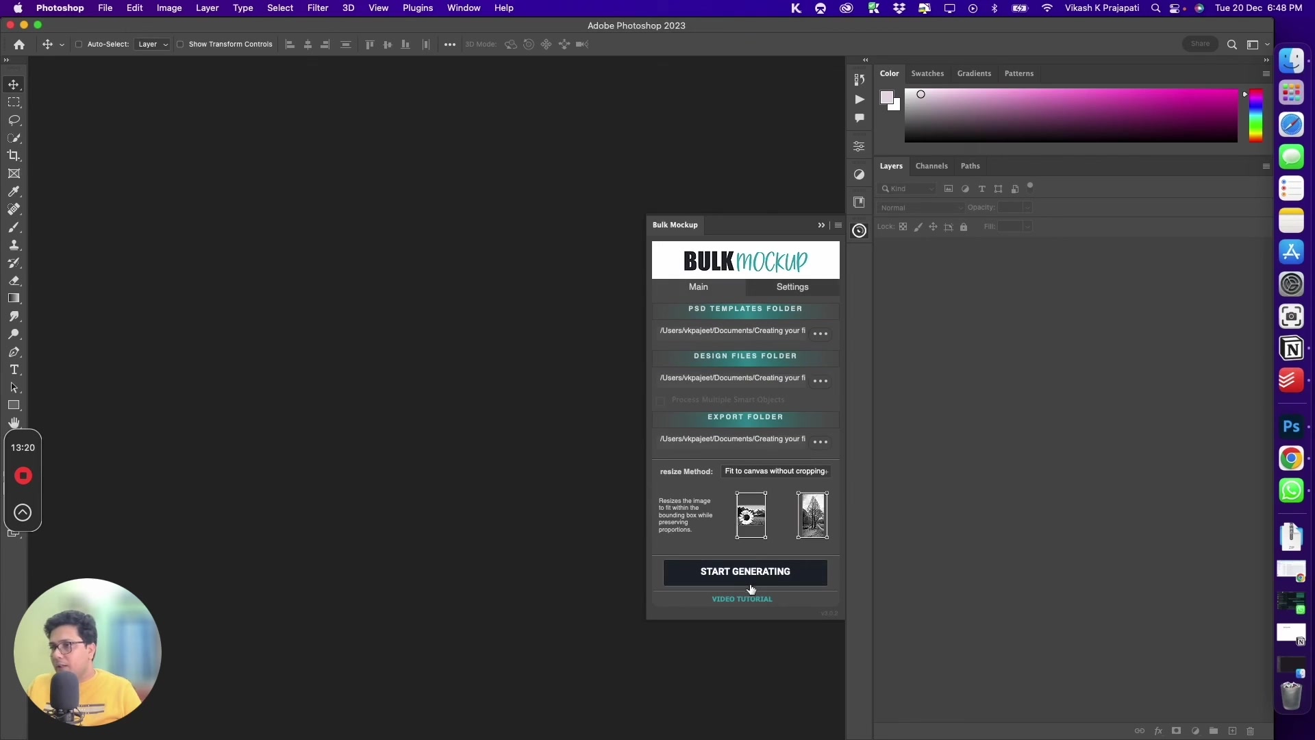 Bulk Mockup Photoshop Plugin Main tab fully configured with folder paths, Resize Method, and prominent START GENERATING button at bottom