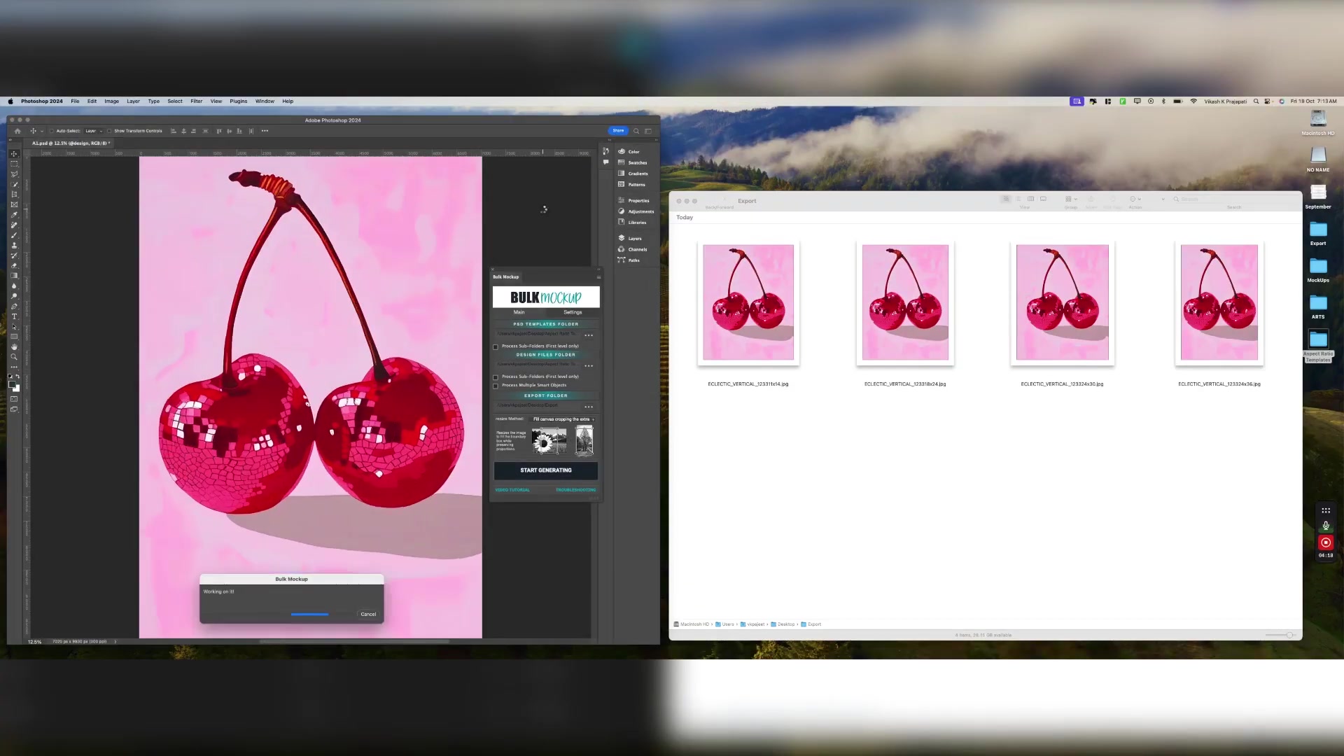 Split-view: Left - Photoshop with Bulk Mockup progress ('Working on it!') on cherry artwork; Right - macOS Finder 'EXPORT' folder with four JPG previews of cherries in different aspect ratios (e.g., cropped pink-background designs).