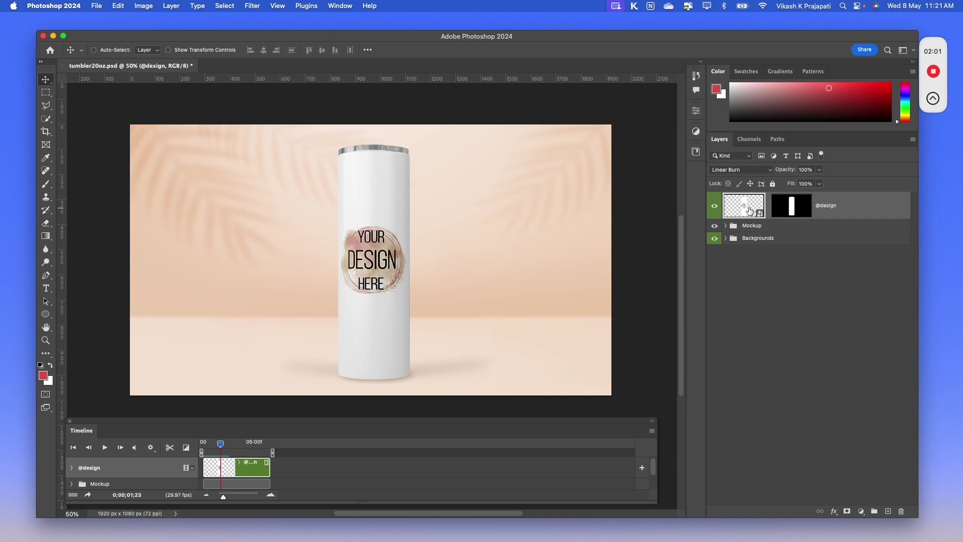 The nested smart object layer 'Your Design Here' is renamed to '@nested' in the Layers panel.