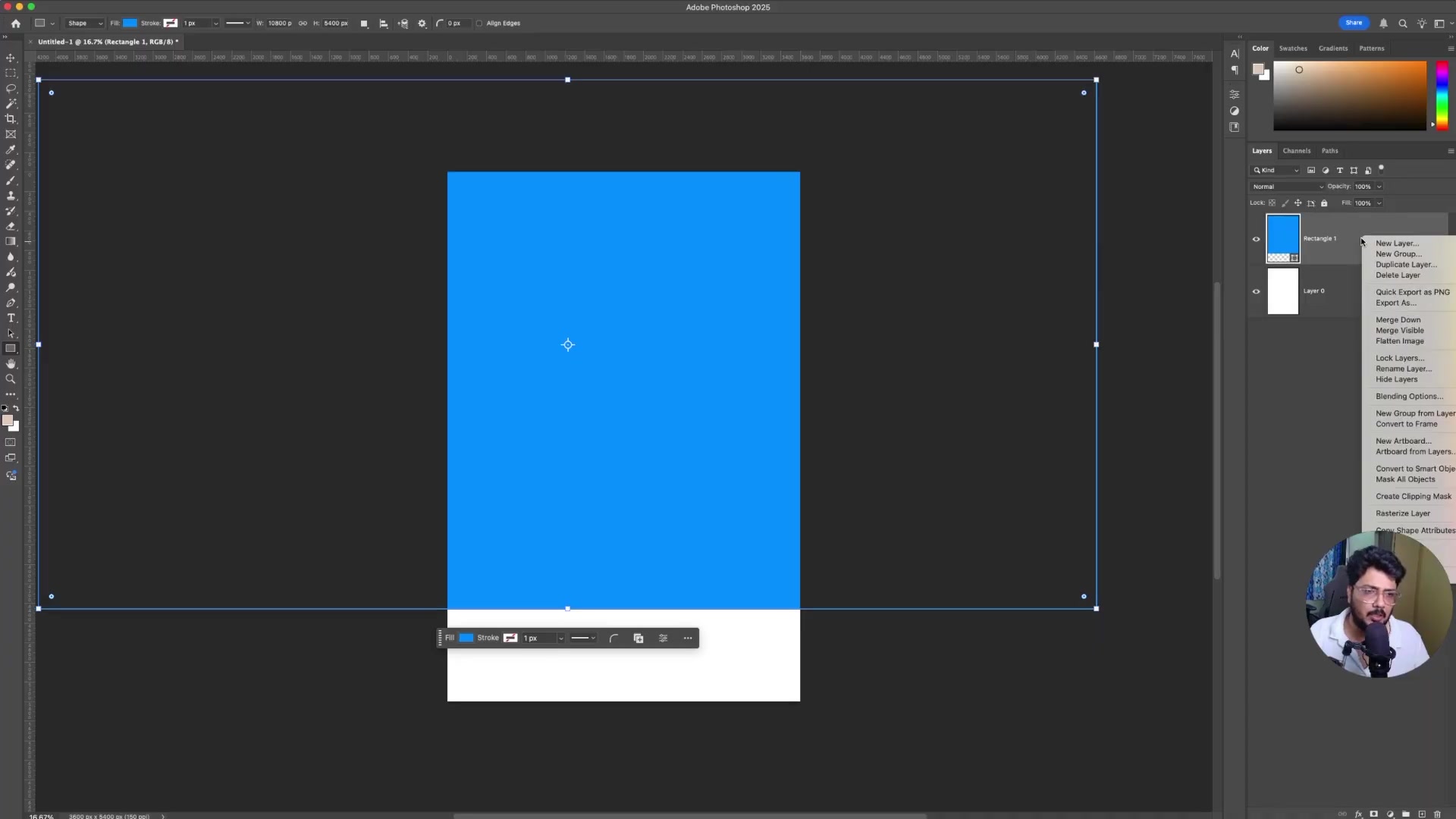Adobe Photoshop Layers panel with 'Rectangle 1' selected; right-click context menu open showing 'Convert to Smart Object'; blue rectangle (72x36 in equivalent in pixels) centered on canvas for template base; Properties panel with fill/stroke options.