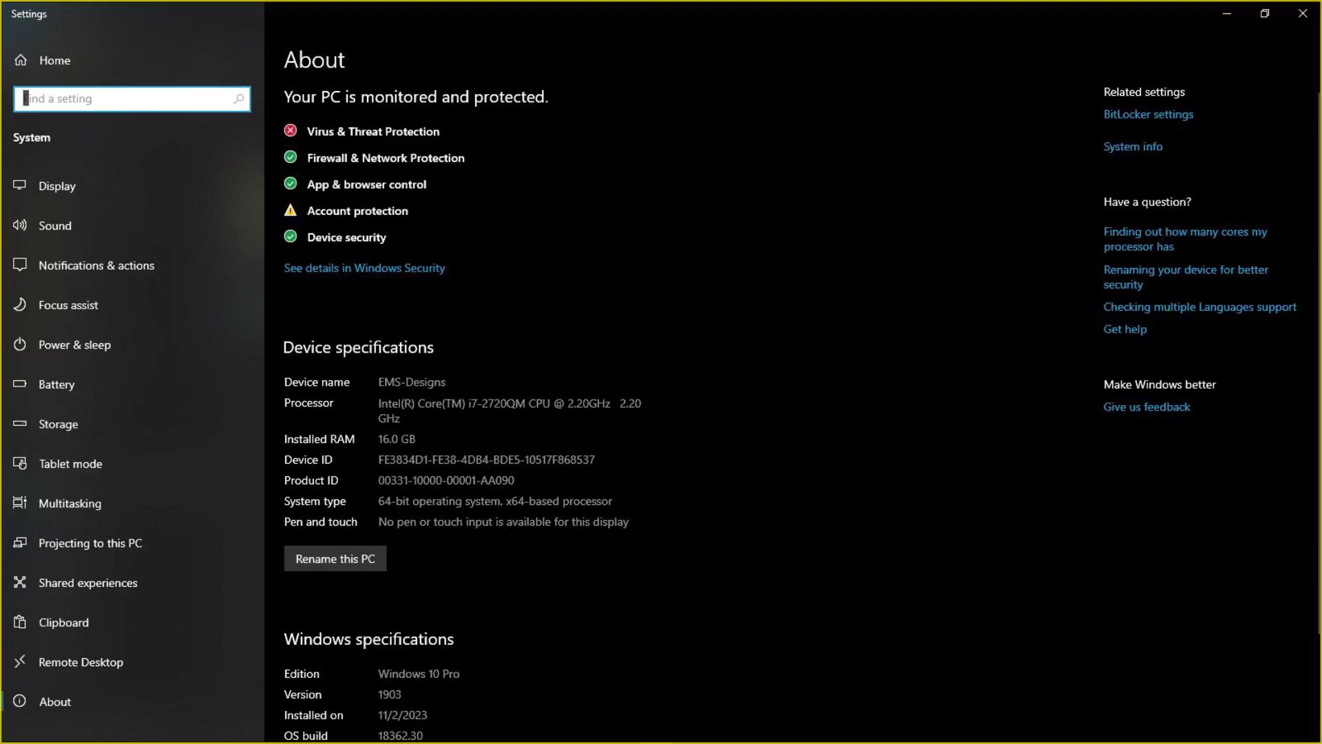 Device specs showing monitor diagonal and resolution