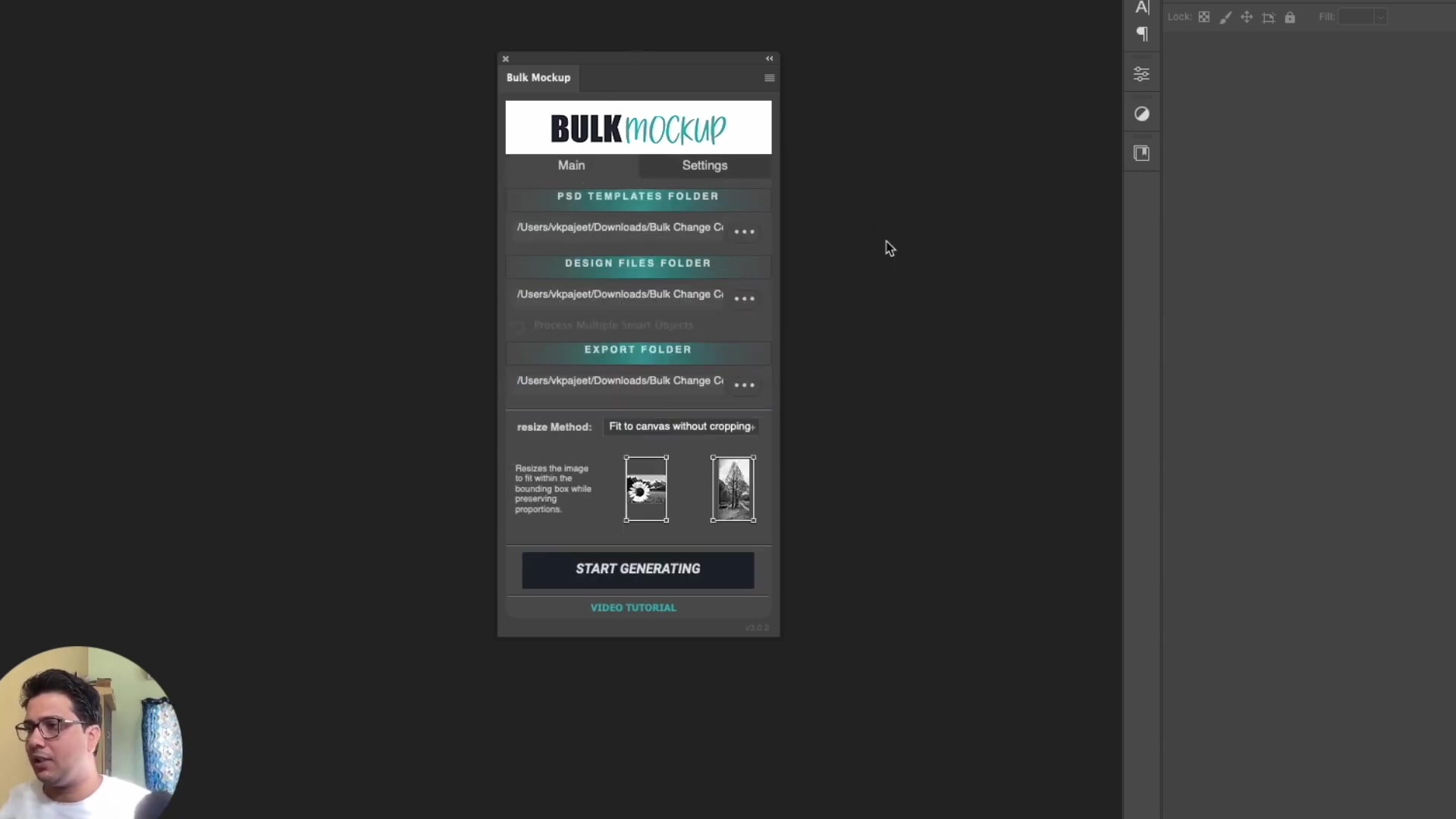 Bulk Mockup Photoshop Plugin Main tab showing folder inputs and Resize Method options