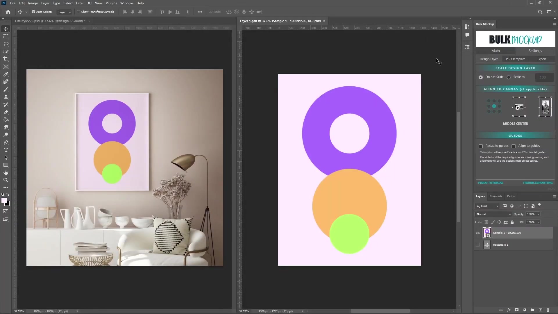 Split Photoshop: Left lifestyle mockup with purple/orange/green circles frame above credenza; right Bulk Mockup panel with scale/alignment/guides options, video tutorial link, toolbar/menus, blank canvas with artwork.