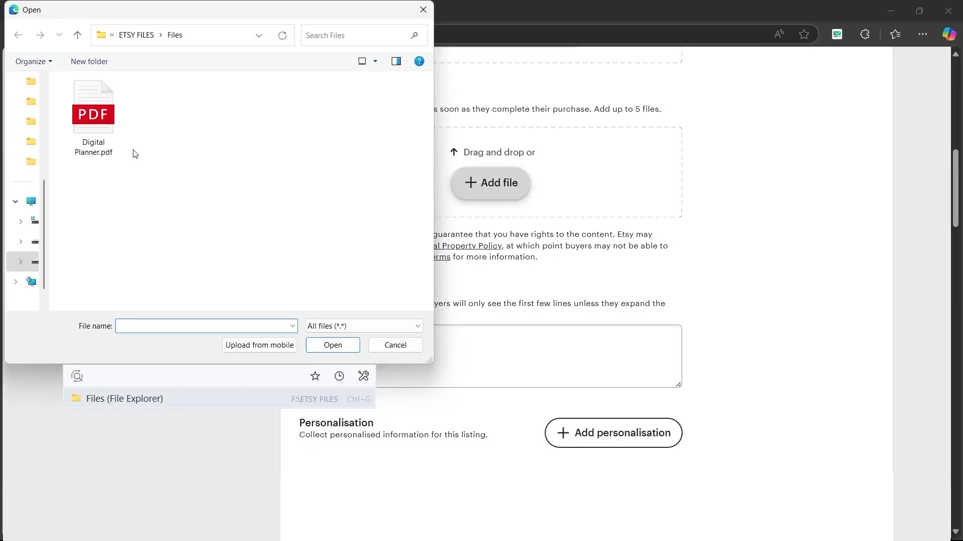 Etsy upload error showing 20MB file size limit warning