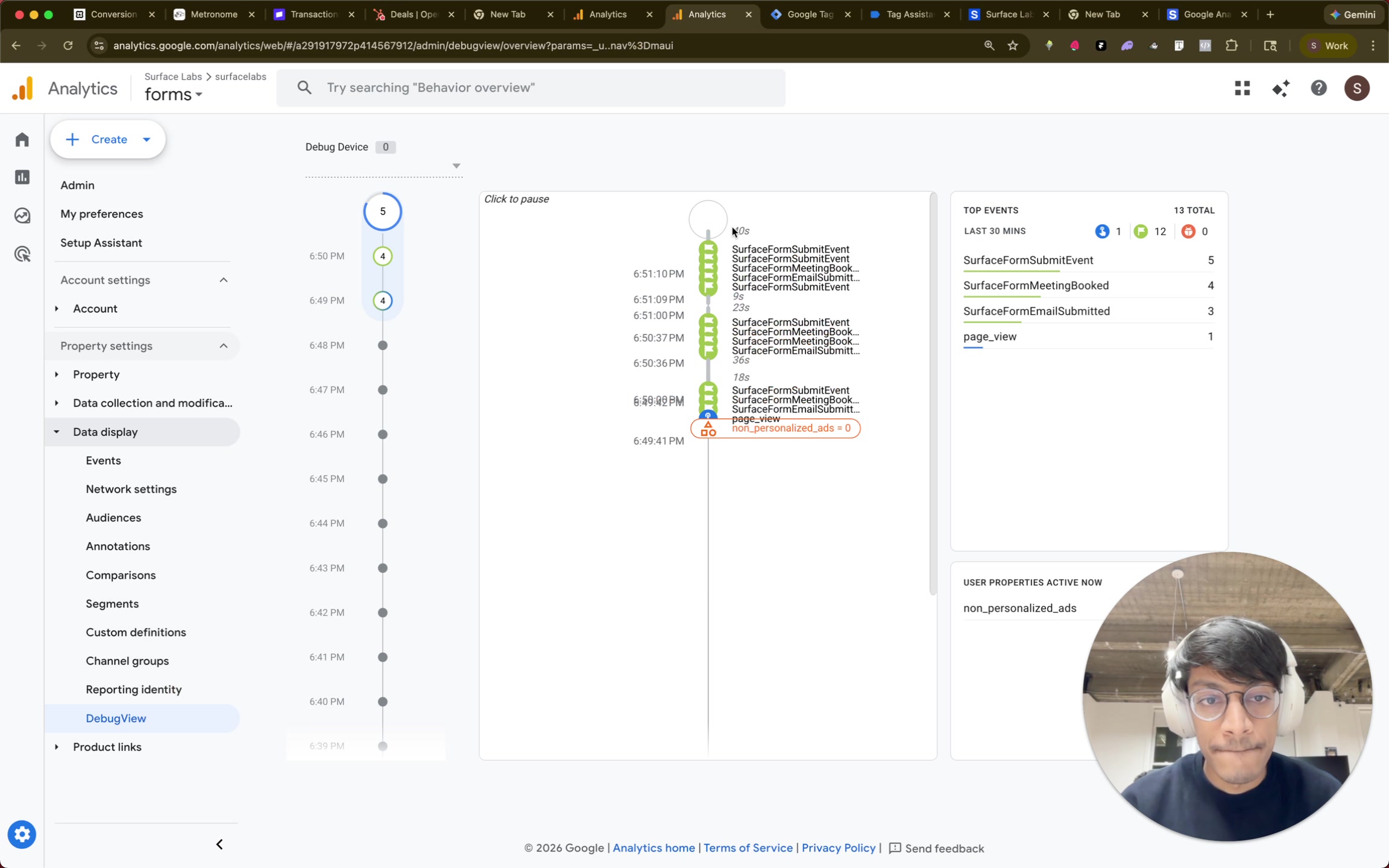 Google Analytics DebugView timeline showing multiple Surface form events firing with event counts