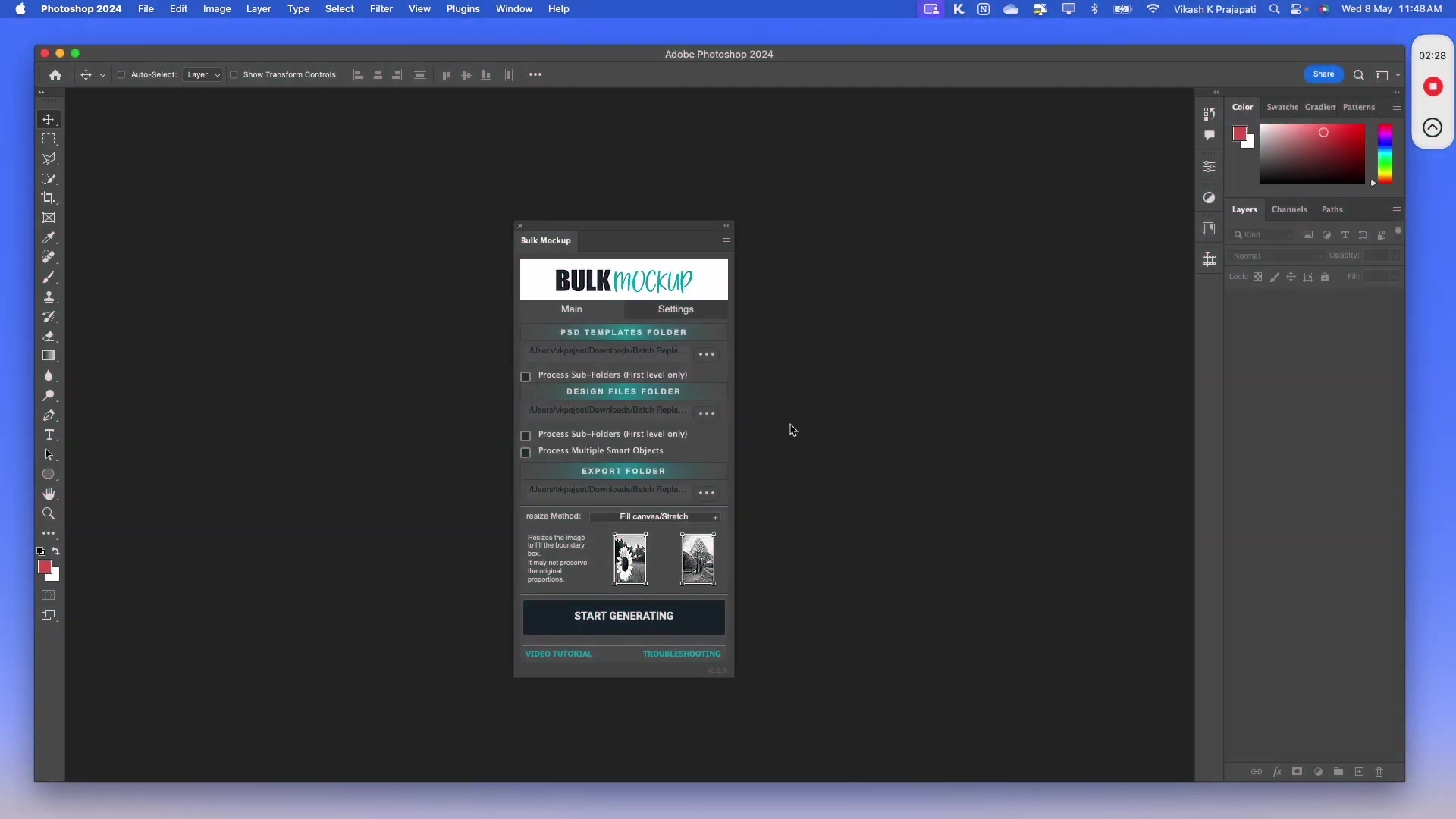 The 'Bulk Mockup' plugin interface with folder locations filled. The 'Process Multiple Smart Objects' checkbox is highlighted and selected. Please highlight process multiple smart objects