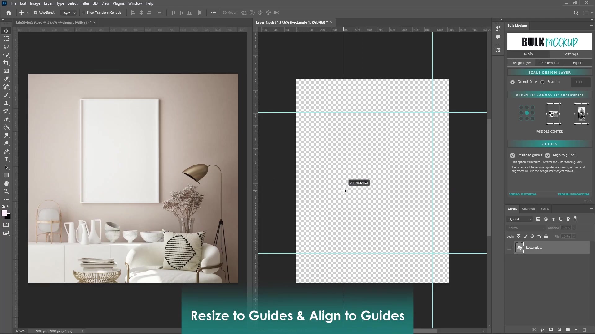 Photoshop view: Left minimalist interior mockup frame; right Bulk Mockup with Scale Design Layer and Guides options, cyan guide rectangle on grey canvas, Resize to Guides & Align to Guides overlay text, layers panel.