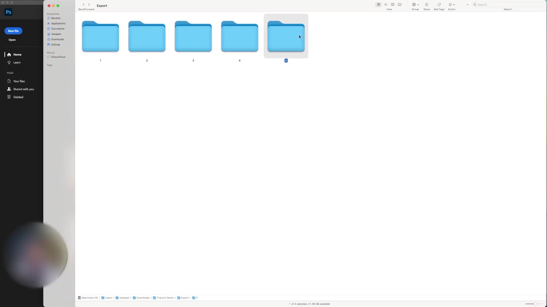 macOS Finder window in 'Export/5' folder showing triptych outputs: '5 Centre.jpg', '5 Left.jpg', '5 Right.jpg'; parent Export folder lists subfolders 1-5 (one per artwork); path and storage info visible.