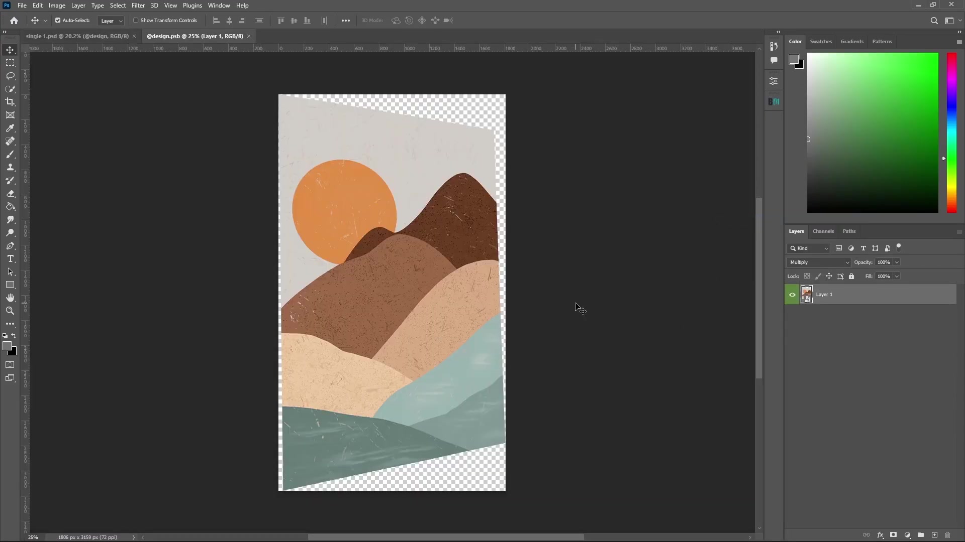 Photoshop canvas with abstract landscape artwork (orange sun, brown/beige mountains, teal/blue hills) on checkered transparency, Layers panel showing Layer 1 in Multiply mode at 100% opacity/fill, Color panel with green hue, rulers, 1806x3159px at 72ppi, 25% zoom.